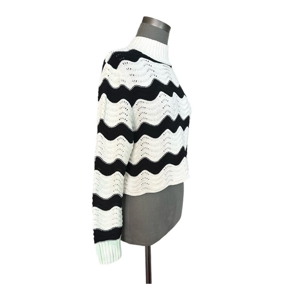 Women’s Sweater ZARA Funnel Neck Black White Zig Zag Stripe Long Sleeve Crop Top - Picture 5 of 8
